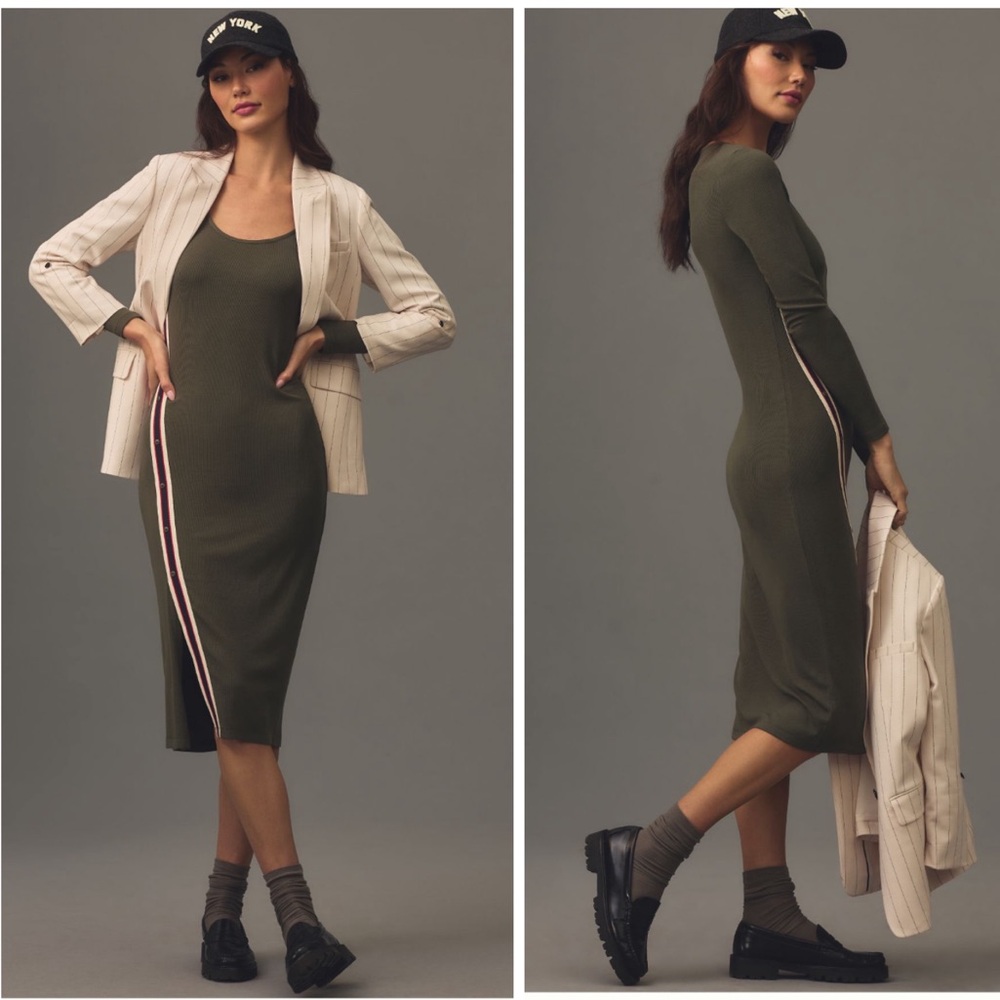 Anthropologie Olive Green Ribbed Midi Dress with Side Stripe